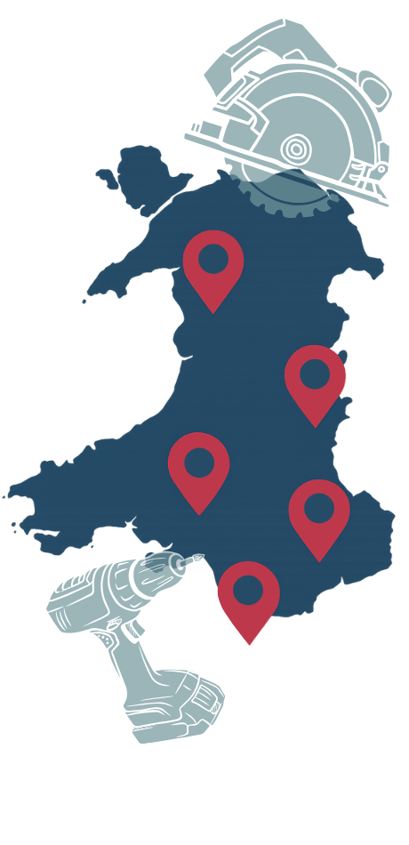 Map of Wales with a pins showing a clients service areas